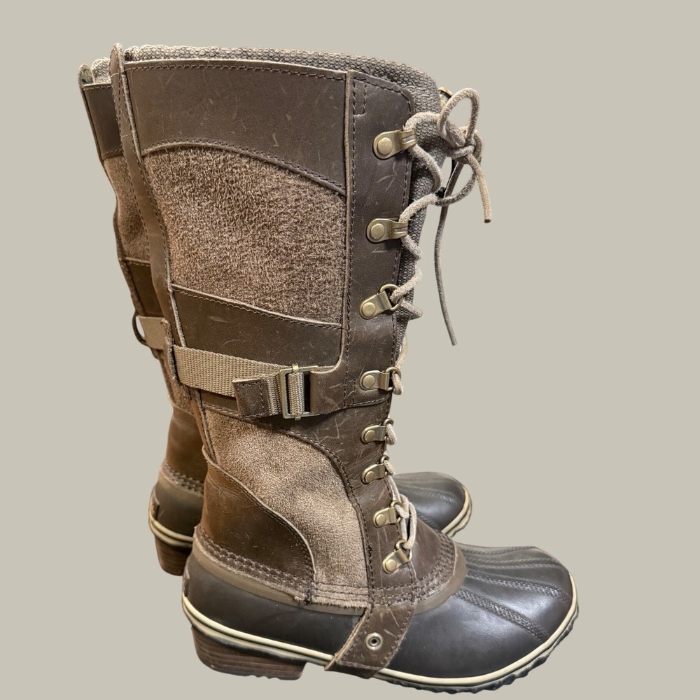 Sorel Conquest Carly Boots Brown Leather Suede Lace Up NL2033-208 Size 6.5